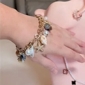 Gold Shell & Pearl Charm Bracelet - Women Jewelry